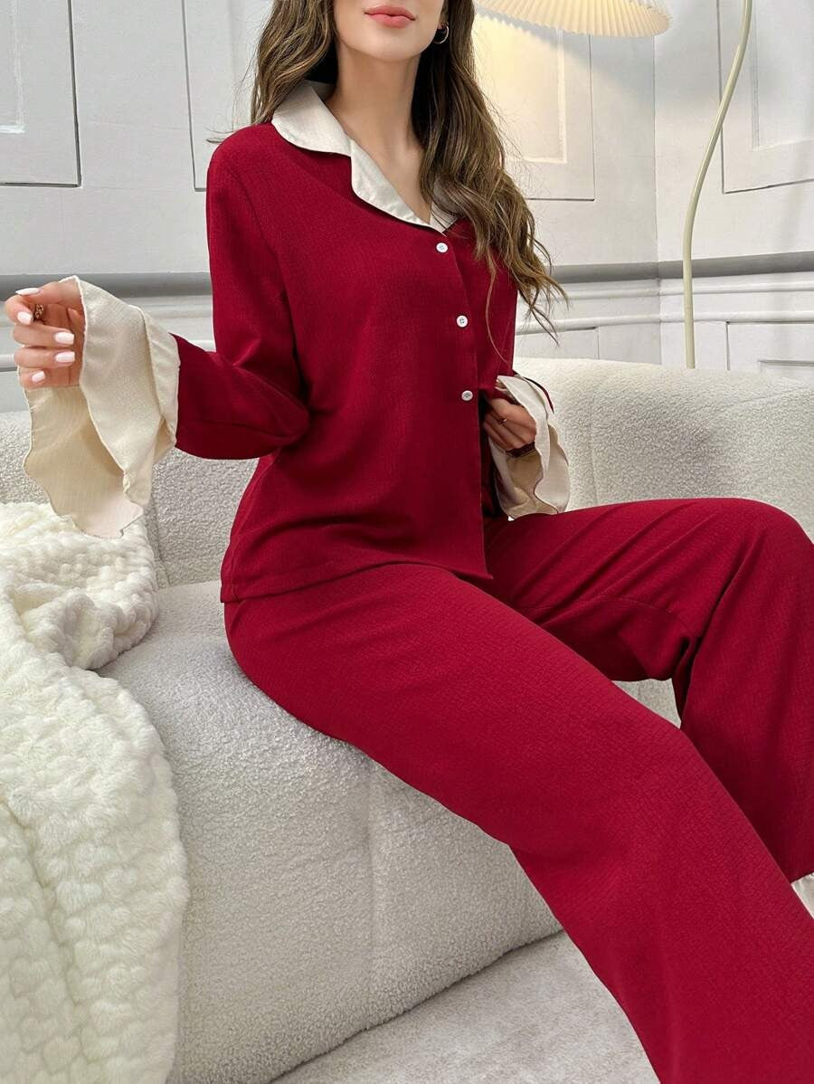 SHEIN طقم بيجامة عنابي بأكمام