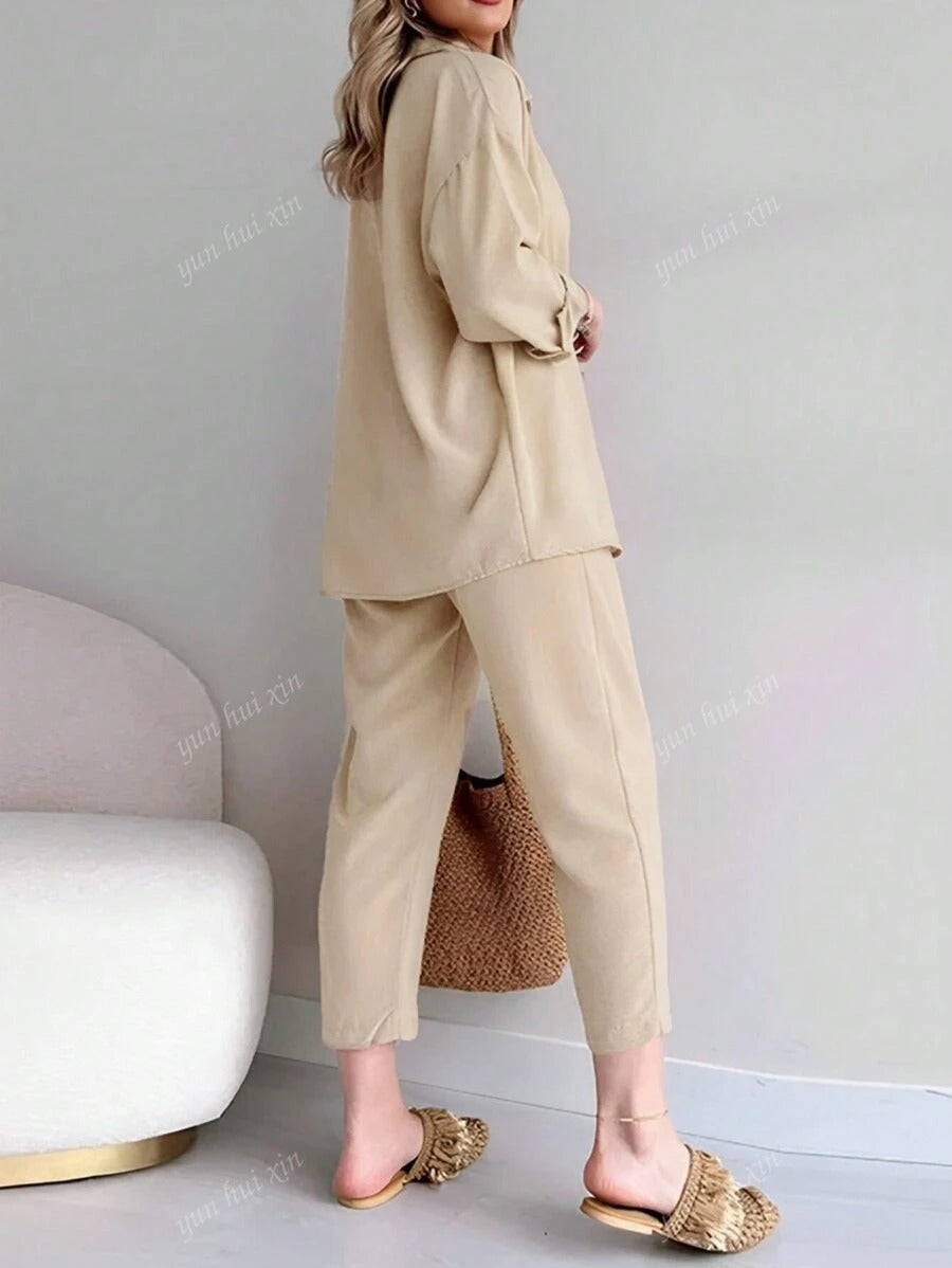 SHEIN طقم كاجوال ناعم مكون من بلوزة مع بنطلون واسع برباط خصر بلون مشمشي