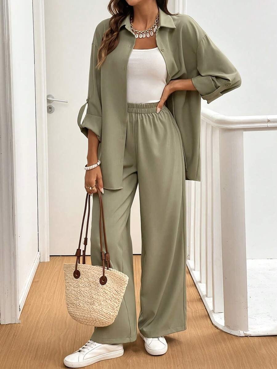 SHEIN Frenchy  طقم من قطعتين، قميص بأكمام طويلة  وسروال واسع لون اخضر