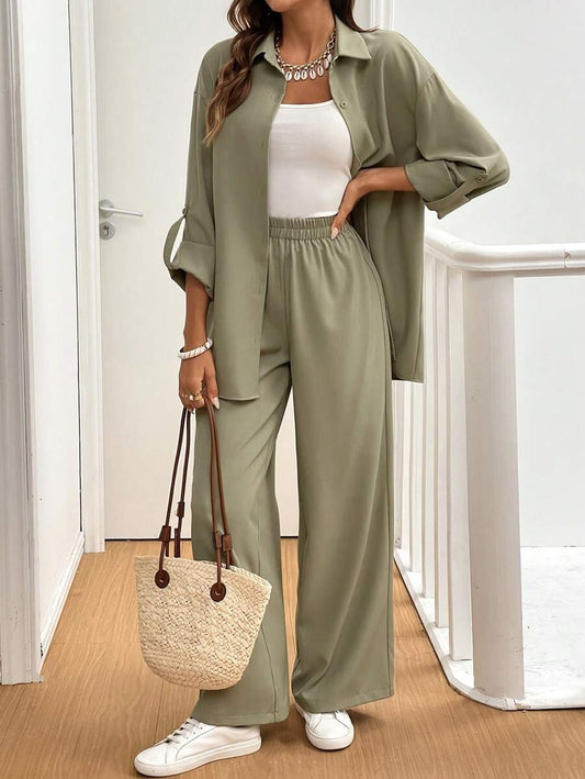 SHEIN Frenchy  طقم من قطعتين، قميص بأكمام طويلة  وسروال واسع لون اخضر