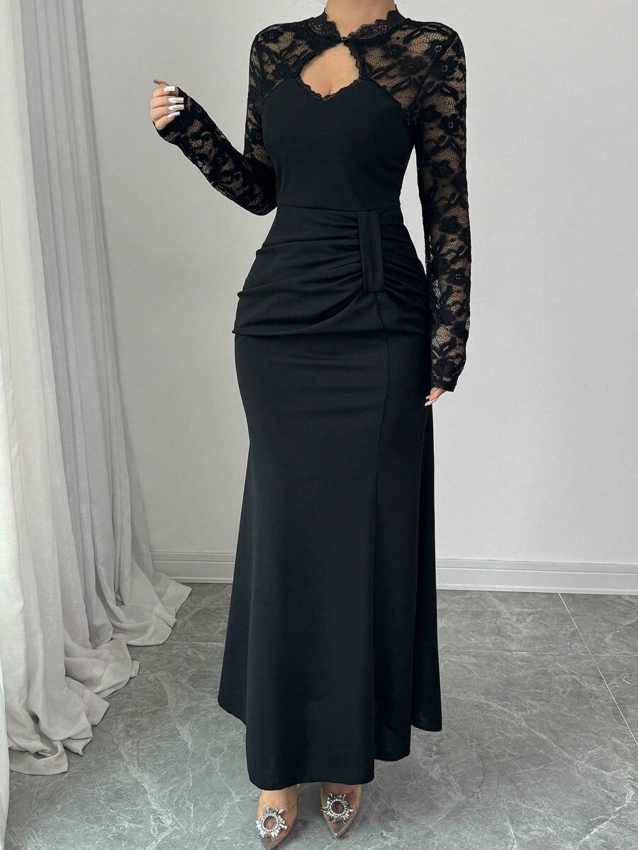 SHEIN Modelyn فستان ماكسي بتطريز دانتيل لون أسود