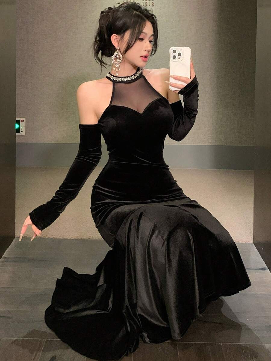 SHEIN DAZY فستان أسود شفاف من الشبك طويل