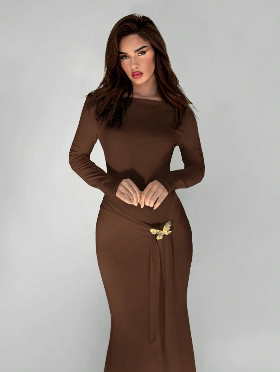 SHEIN Aloruh فستان بني طويل مع فيونكة معدنية