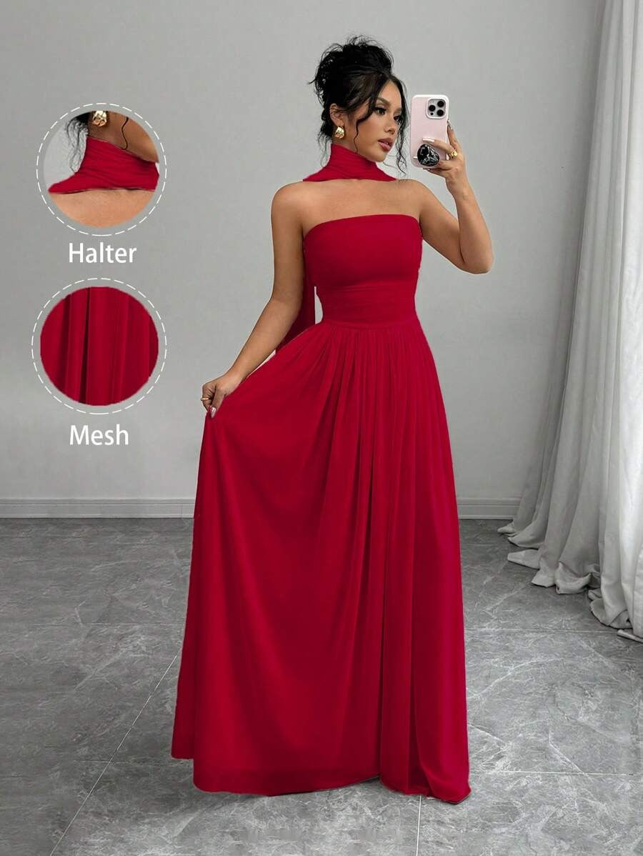 SHEIN Elenzga فستان احمر طويل بدون أكمام
