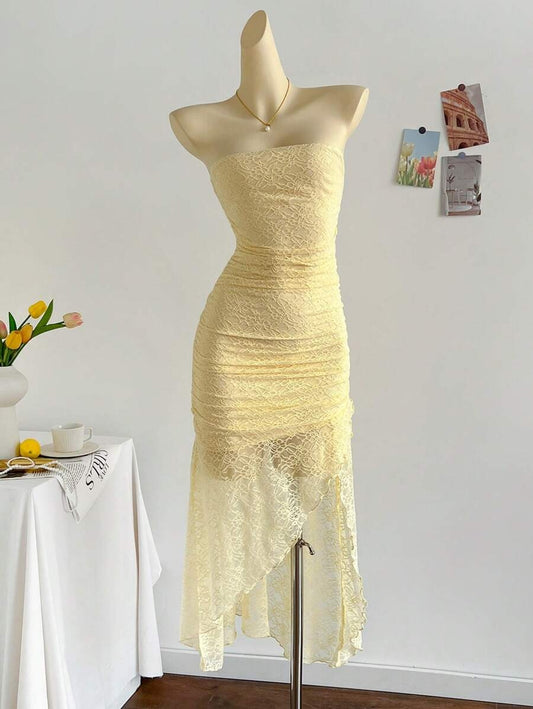 SHEIN Soleia  فستان دانتيل ناعم بلون أصفر