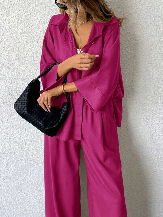 SHEIN Aveloria Modichic مجموعة بلوزة وبنطلون من بلون روز أحمر