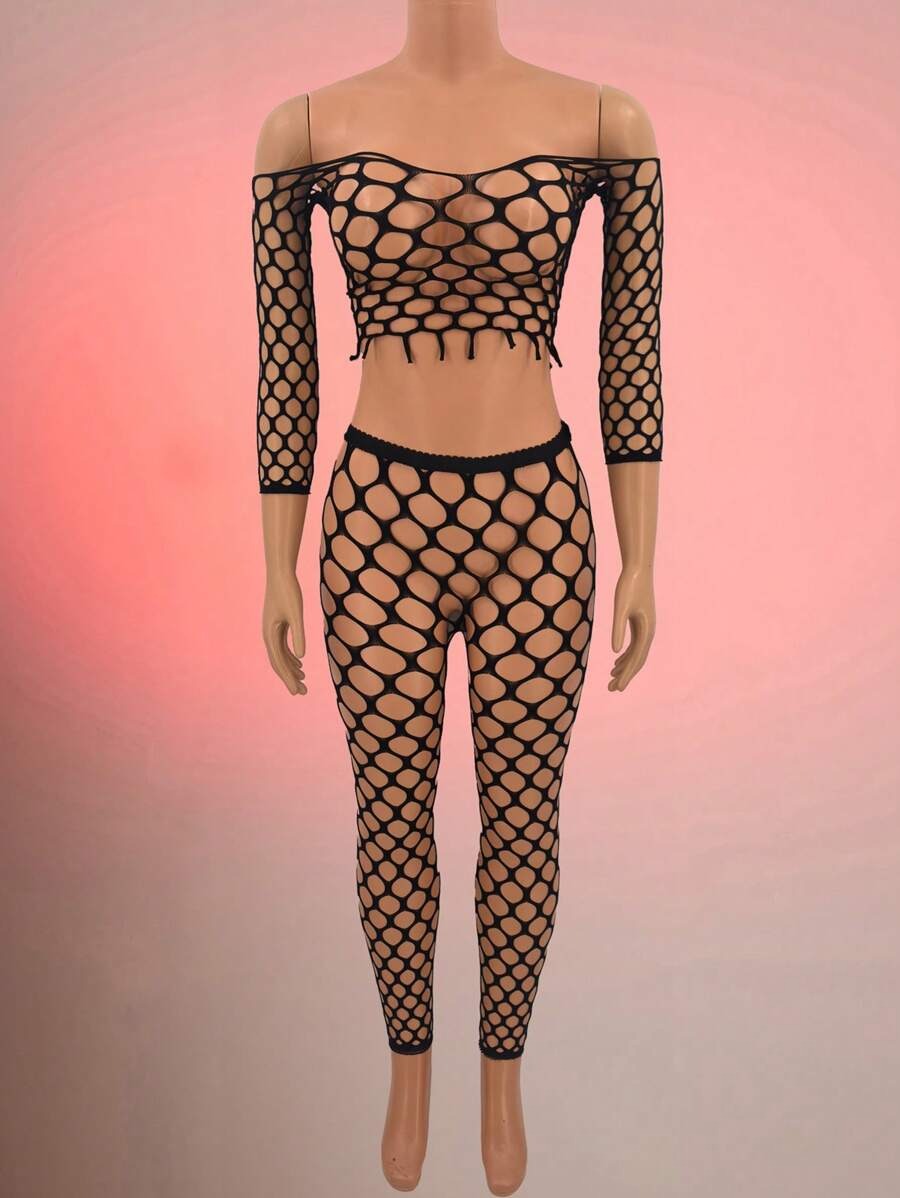 SHEIN ChaseTheNight طقم لانجري قماش شبك من قطعتين لون أسود