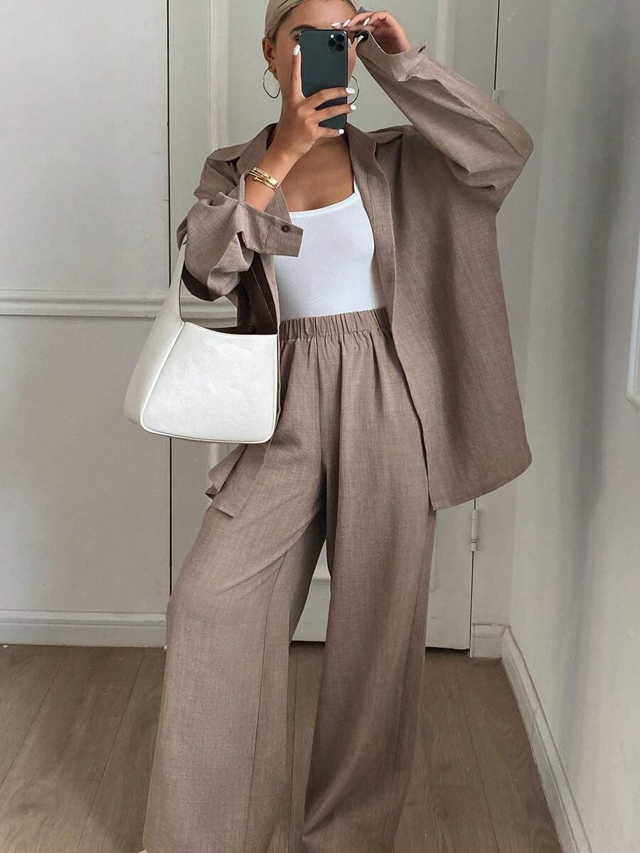 SHEIN Livesso طقم مكون من قطعتين بلون بني قهوة