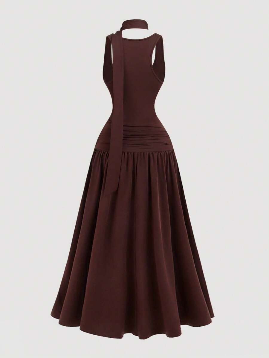 SHEIN MOD فستان بني ماكسي بدون أكمام مزخرف بزهور