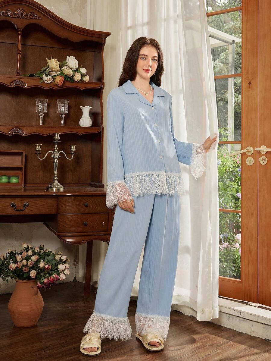 SHEIN Côtesoire طقم بيجامة دانتيل أزرق أنيق