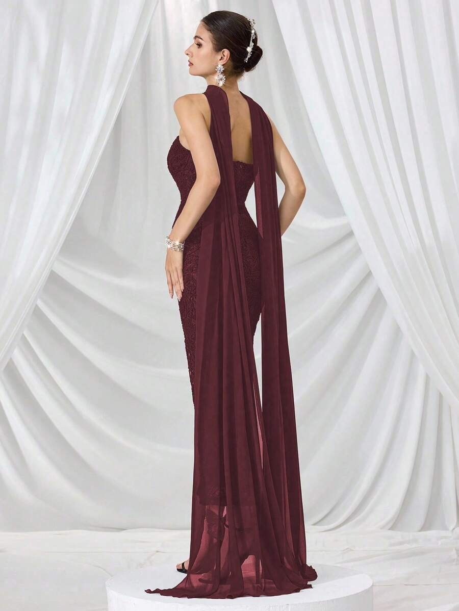 SHEIN فستان سهرة فاخر بلون عنابي