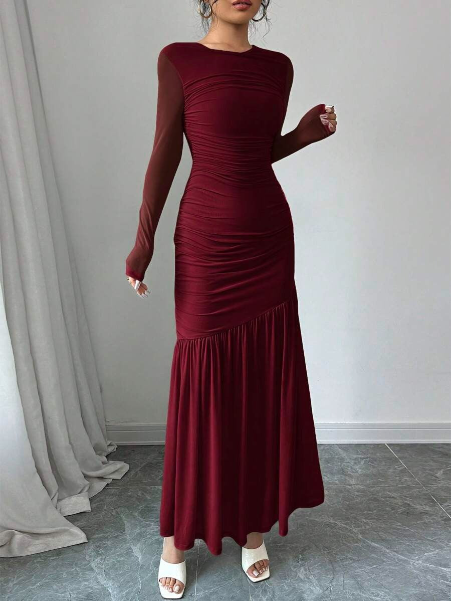 SHEIN Firerie فستان عنابي بأكمام طويلة وياقة دائرية