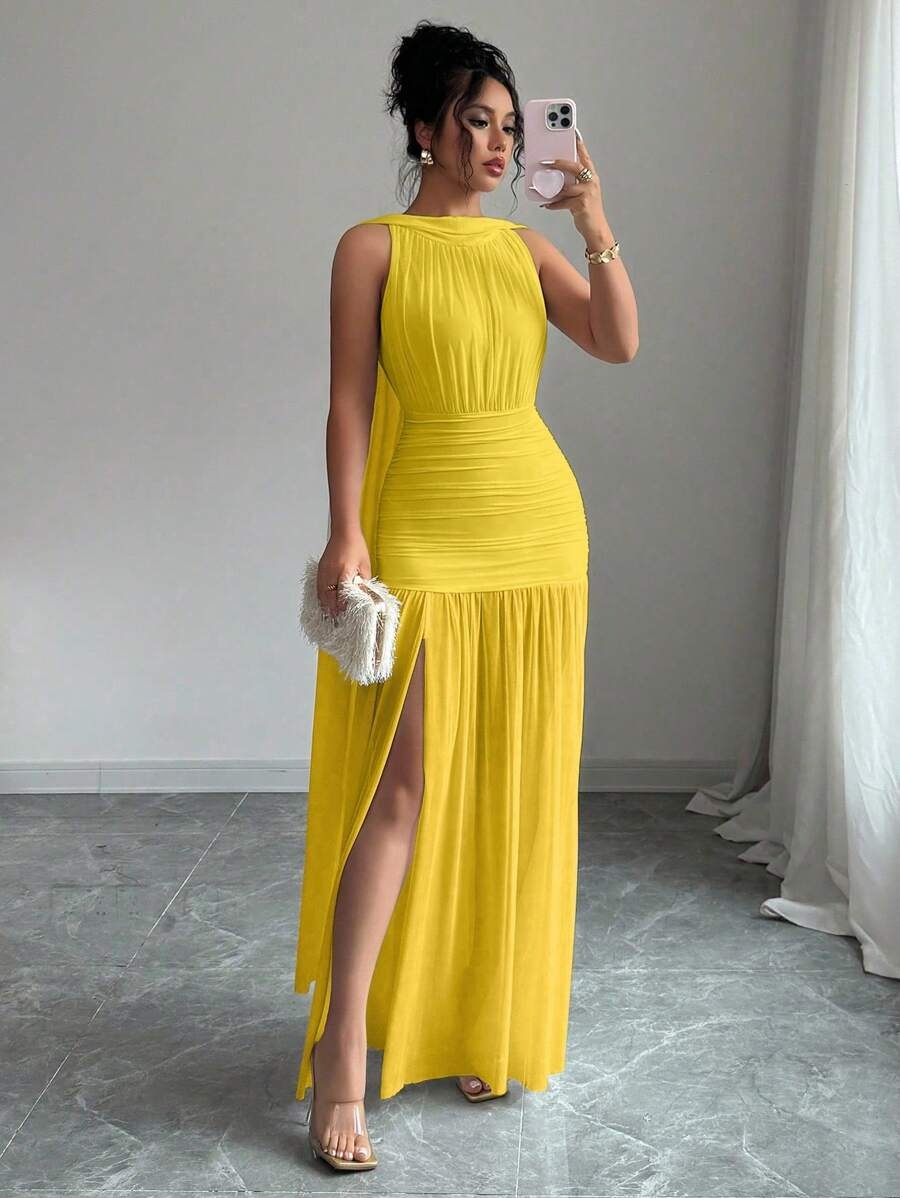 SHEIN Elenzga فستان اصفر بدون أكمام وظهر مكشوف