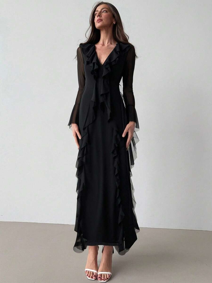 SHEIN Aloruh فستان اسود بقصة رقبة عميقة