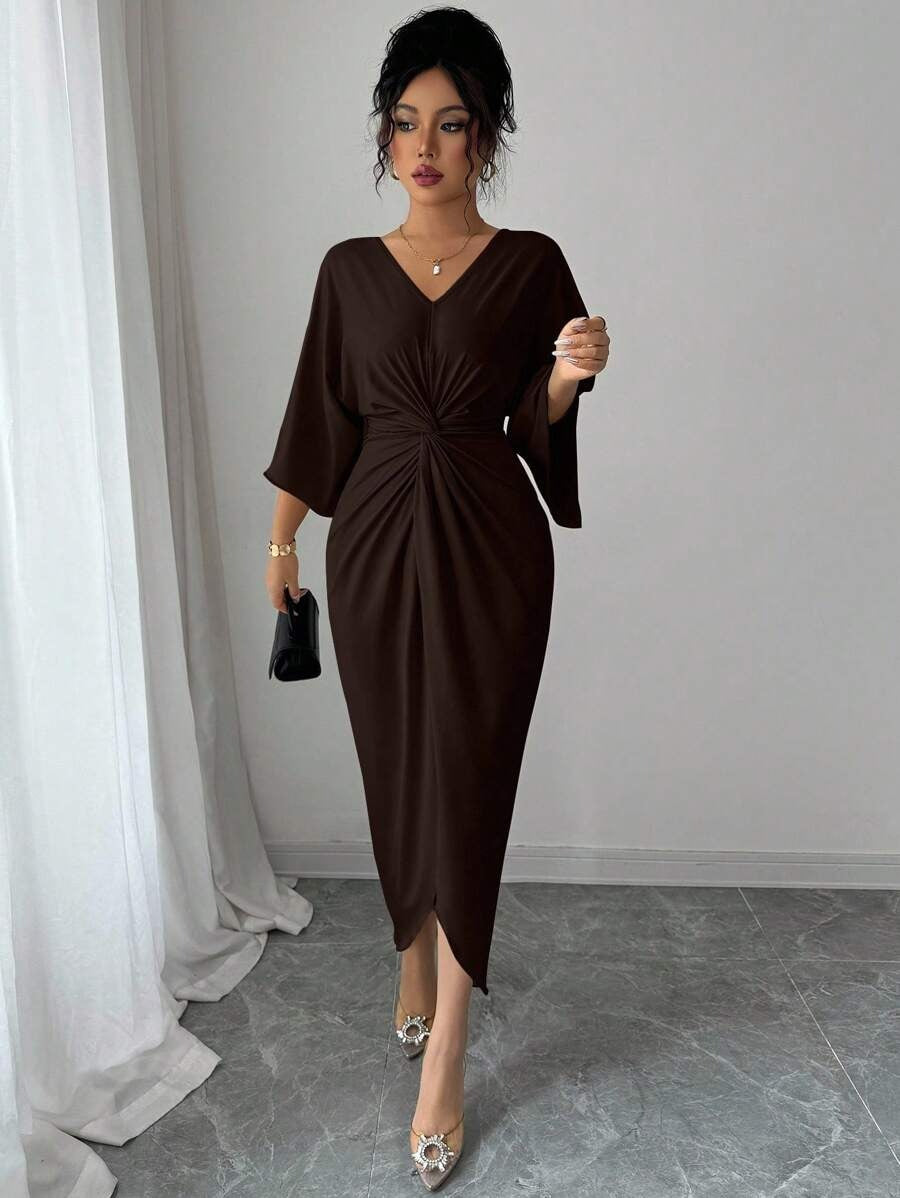 SHEIN Elenzga فستان أنيق بني داكن