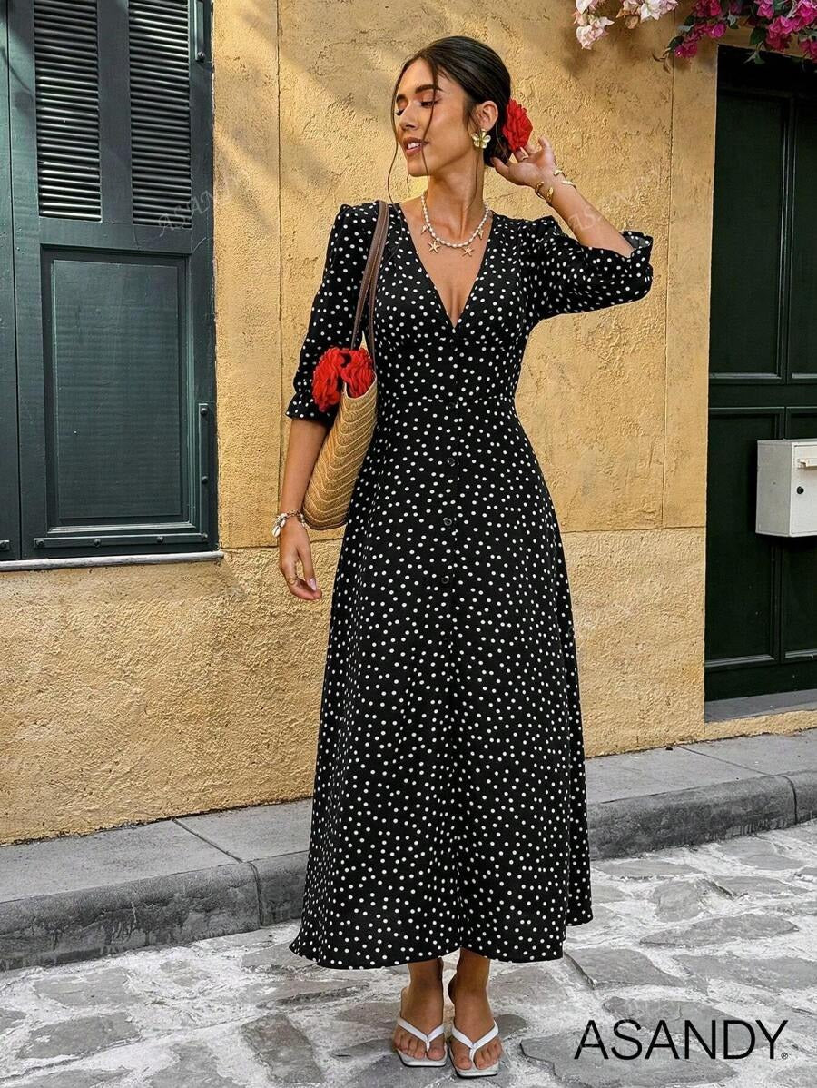 SHEIN فستان كاجوال طويل بطبعة دوت