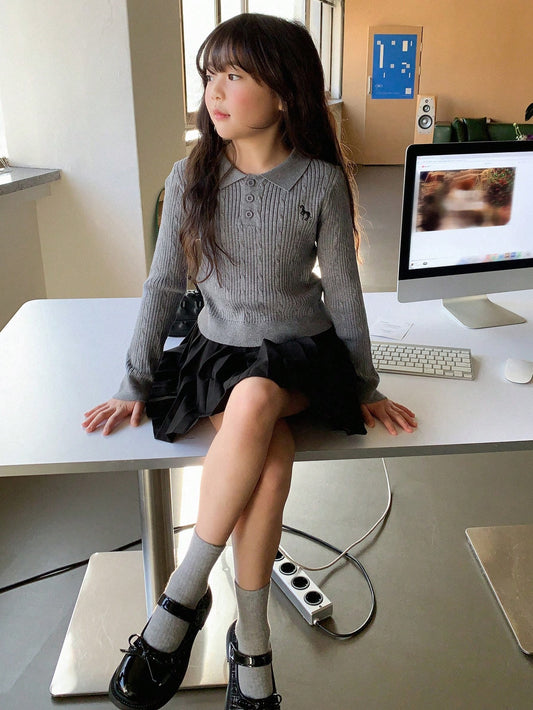 SHEIN كنزة صوفية محبوكة للفتيات بياقة مطرزة