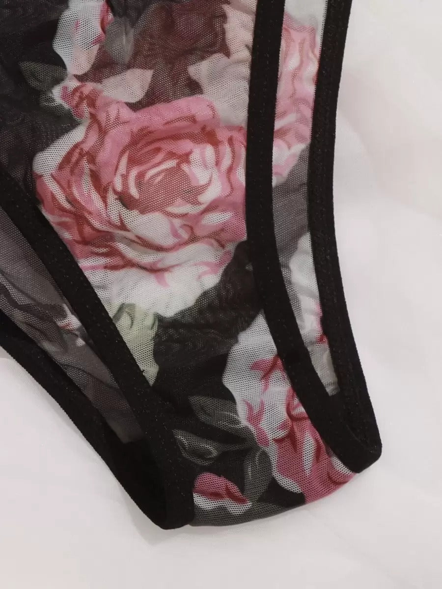 SHEIN طقم لانجري قطعتين شفاف بأربطة بلون أسود و وردي
