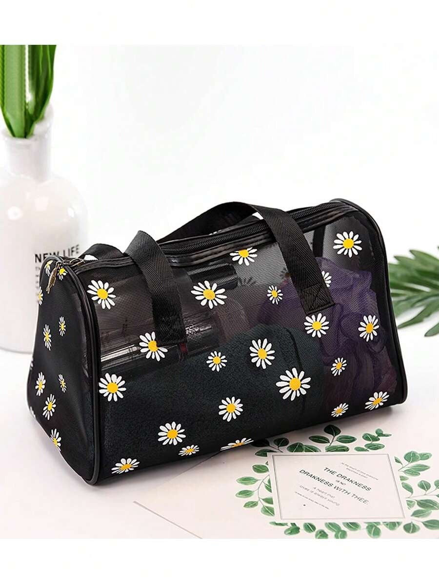 SHEIN حقيبة مكياج سوداء كبيرة شبكية بنقشة زهور