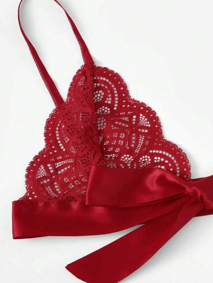 SHEIN طقم لانجري أحمر أنثوي قطعتين بستايل مفرغ وتطريزات ناعمة