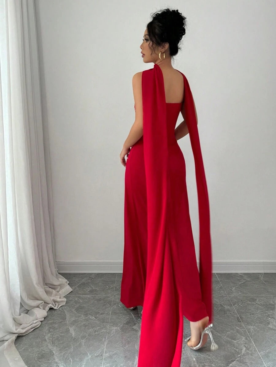 SHEIN Rafferiza فستان أحمر ماكسي طويل مزين بلؤلؤ