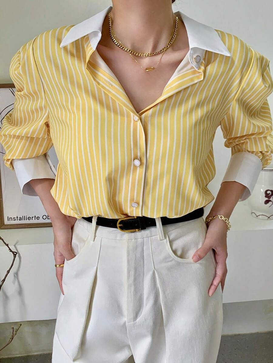 SHEIN INAWLY قميص خفيف وطويل الأكمام مخطط بلون ناعم بلون أصفر