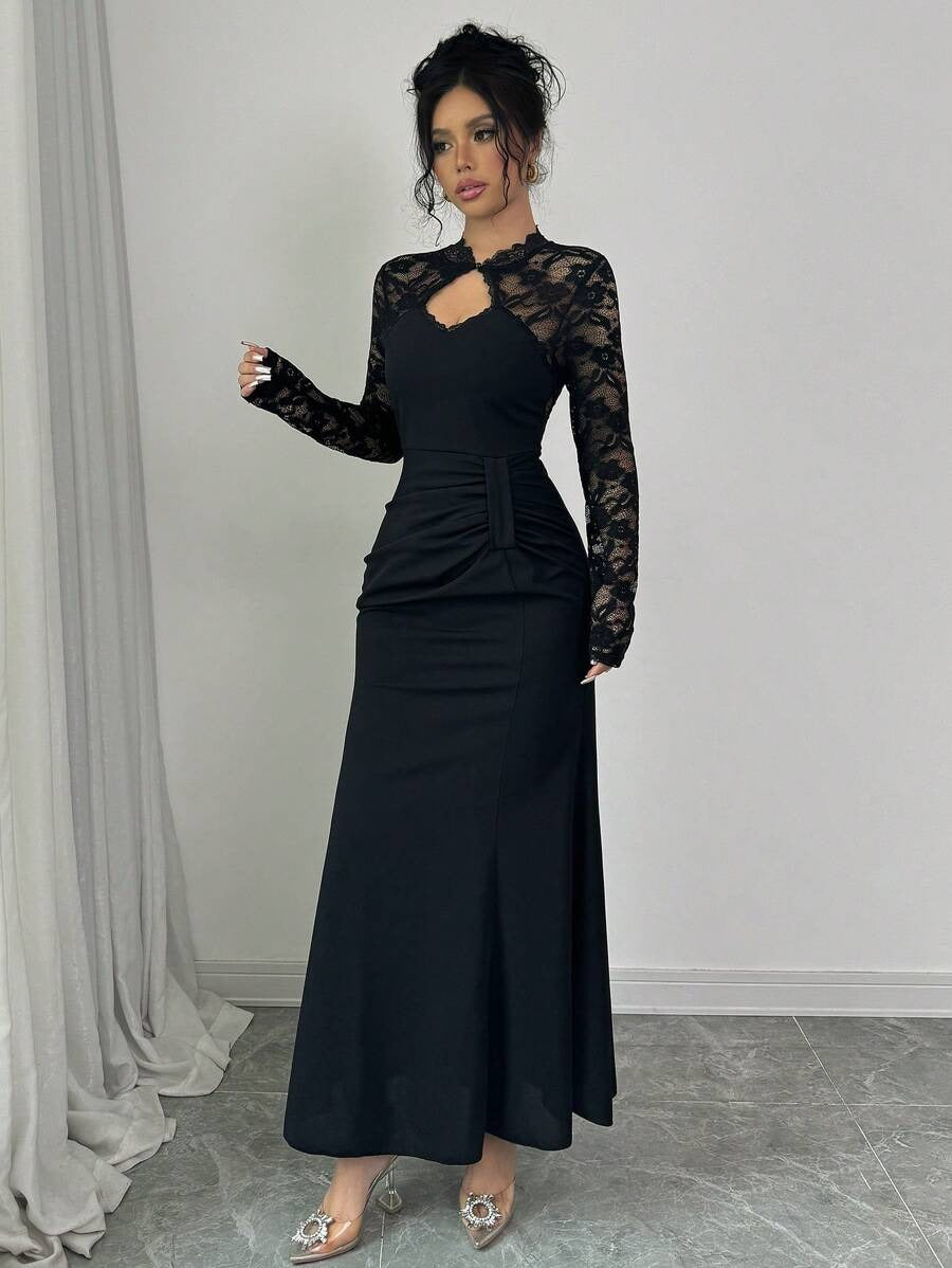SHEIN Modelyn فستان ماكسي بتطريز دانتيل لون أسود