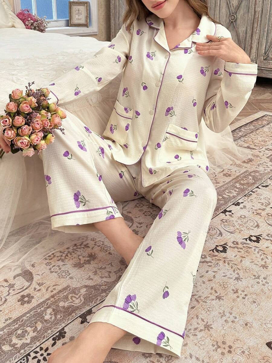 SHEIN CottageSlumber طقم بيجامةبلون أرجواني