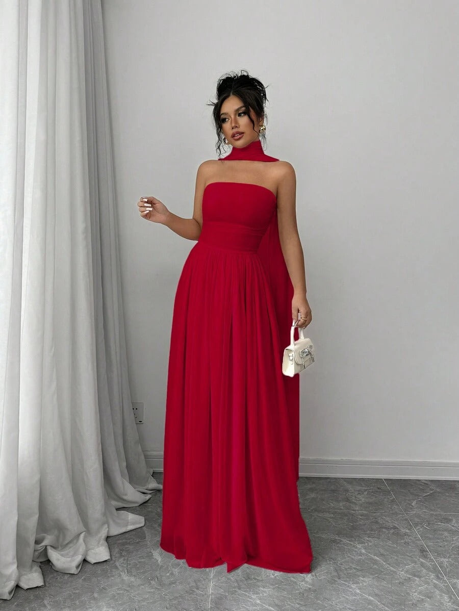 SHEIN Elenzga فستان احمر طويل بدون أكمام