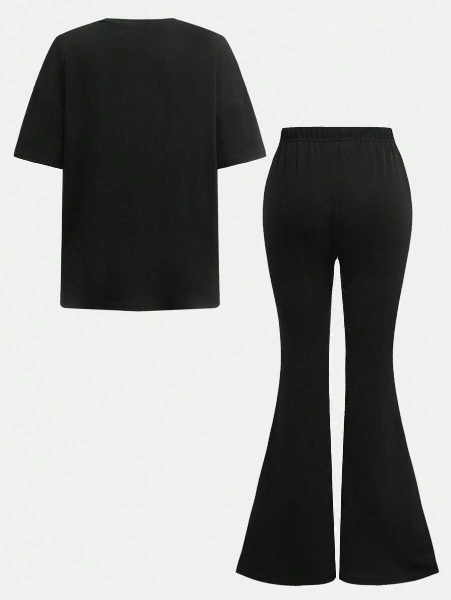 SHEIN EZwear طقم كاجوال تي شيرت قصير الأكمام و بنطلون طويل لون أسود