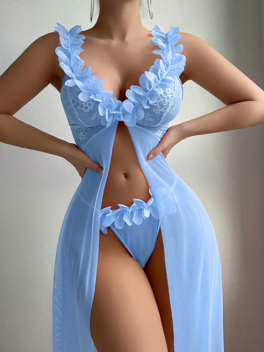 SHEIN طقم نوم ناعم من قطعتين، فستان طويل من الشبك والدانتيل الزهري