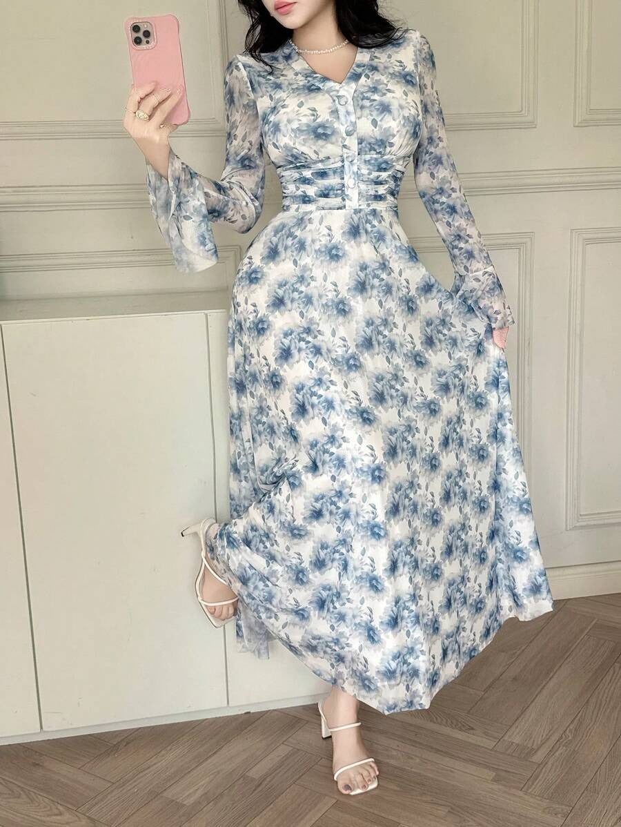 SHEIN qualityFeyla فستان طويل بنقشة زهرية وأكمام بفتحات