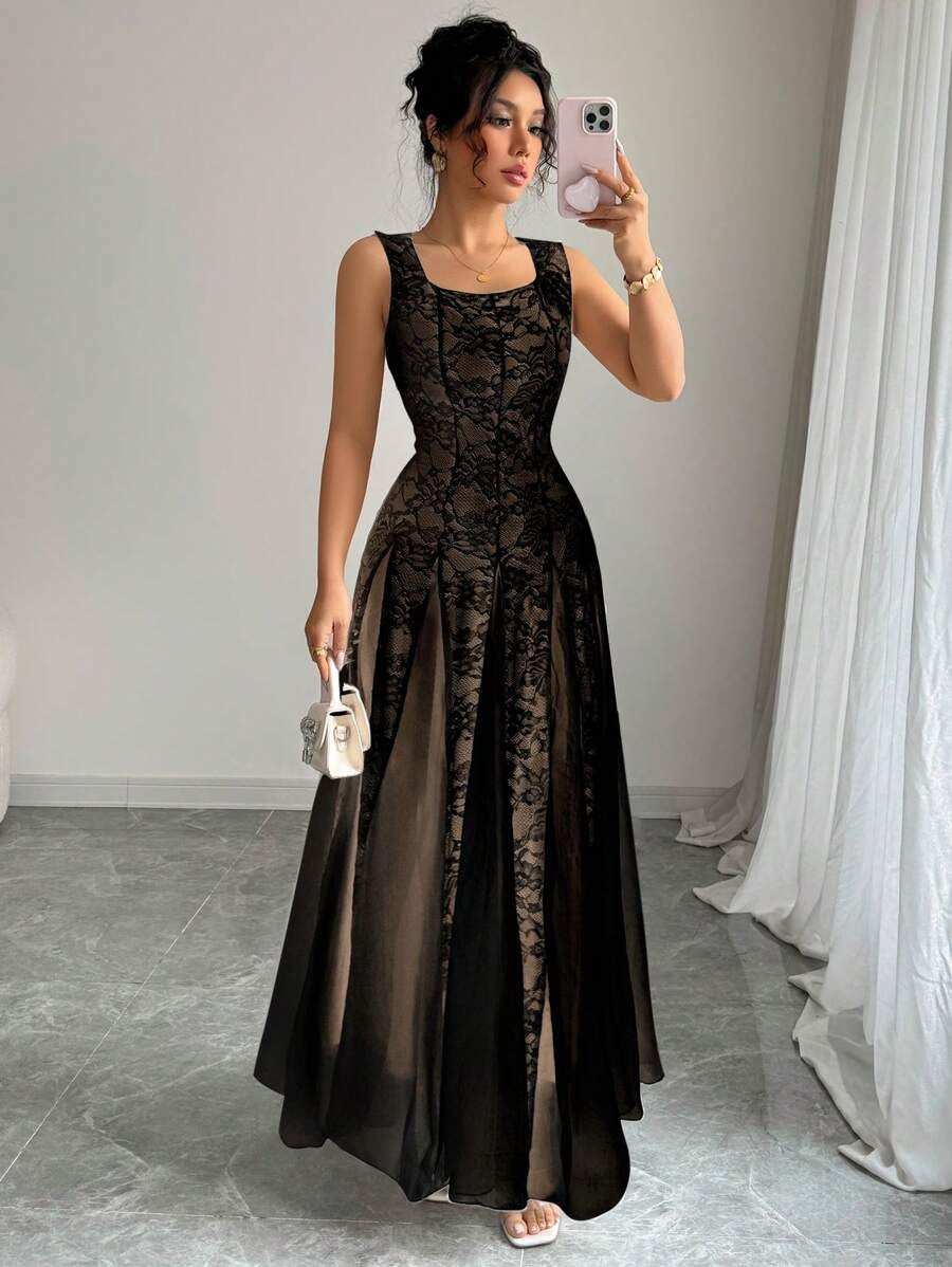 SHEIN Rafferiza فستان دانتيل أنيق أسود