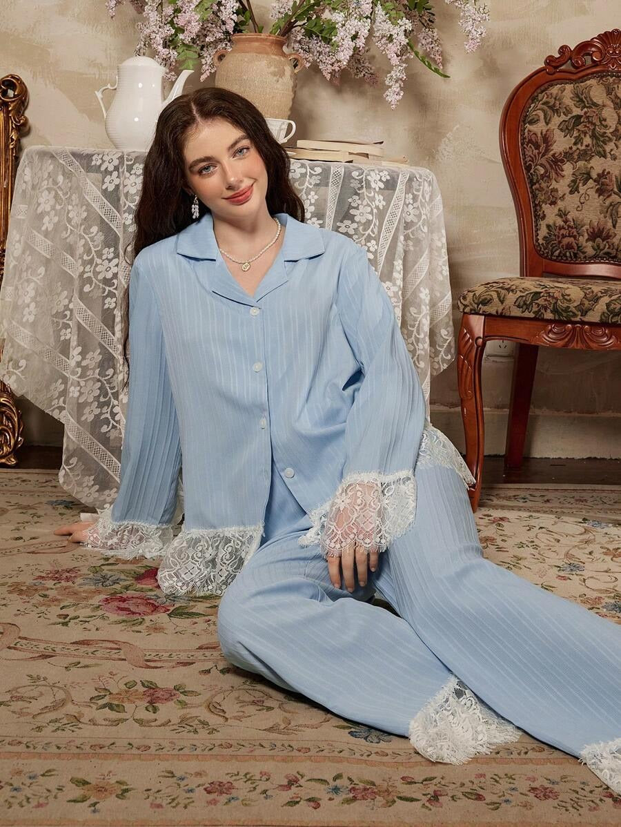 SHEIN Côtesoire طقم بيجامة دانتيل أزرق أنيق
