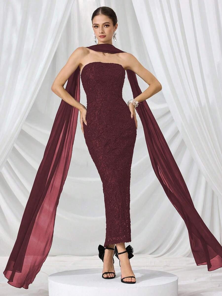 SHEIN فستان سهرة فاخر بلون عنابي