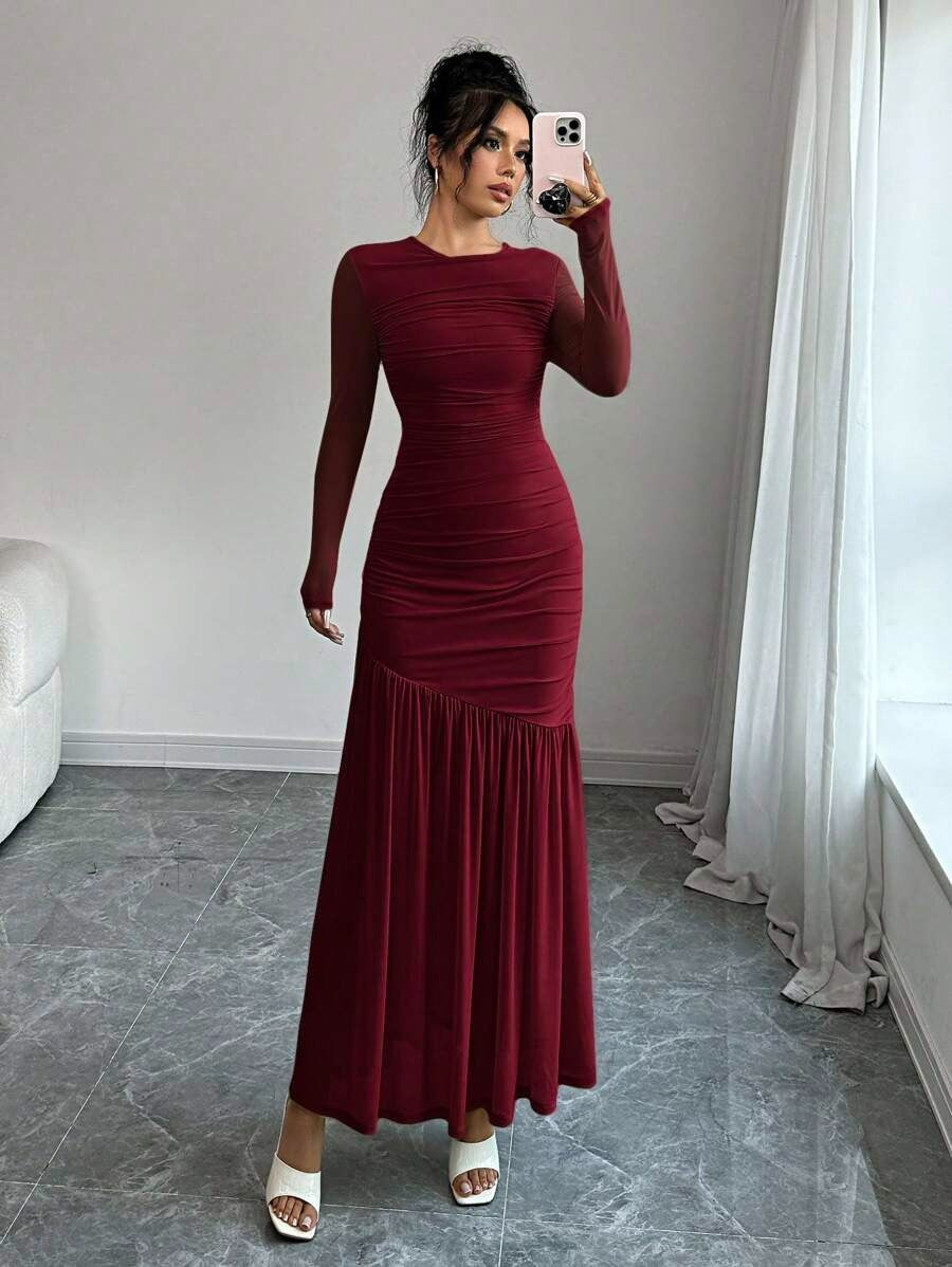 SHEIN Firerie فستان عنابي بأكمام طويلة وياقة دائرية