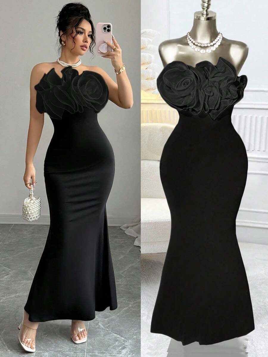 SHEIN Selianne فستان اسود طويل شيفون مزين بزهرات