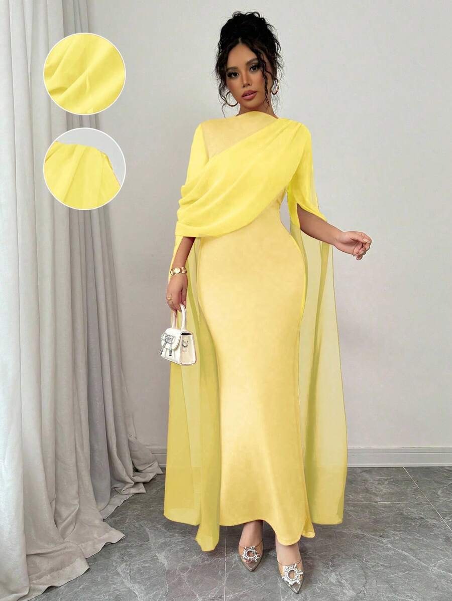SHEIN Rafferiza فستان أصفر طويل بأكمام طويلة