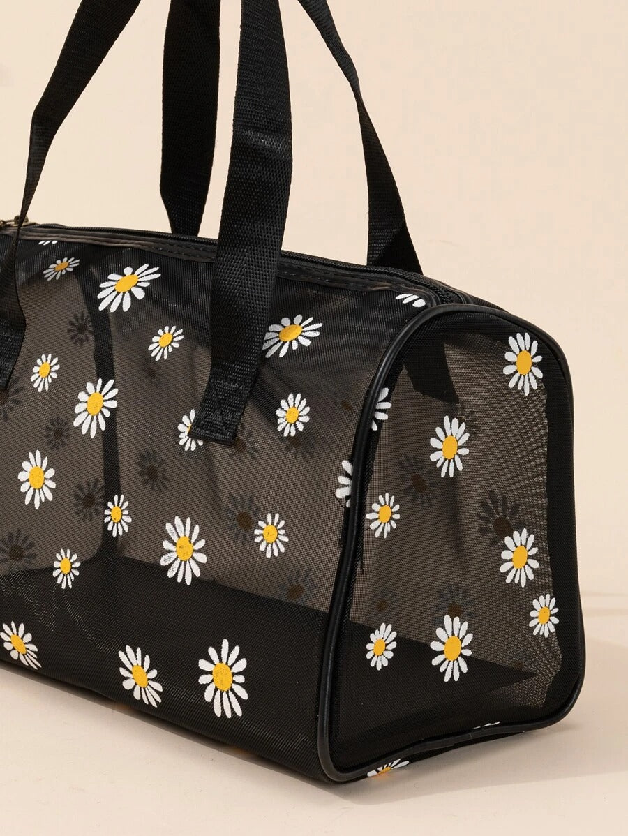 SHEIN حقيبة مكياج سوداء كبيرة شبكية بنقشة زهور