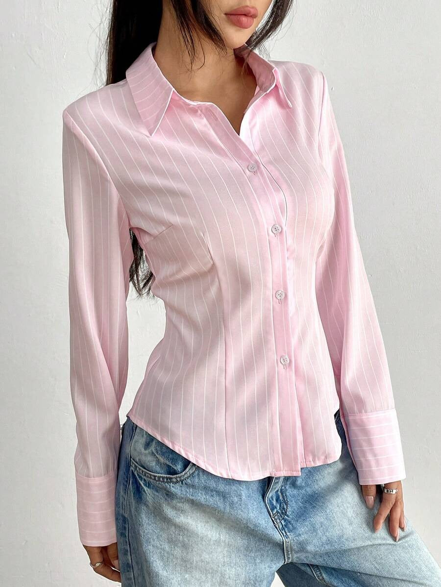 SHEIN Flirla قميص كاجوال خفيف ومريح مخطط بلون وردي