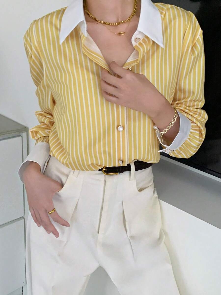 SHEIN INAWLY قميص خفيف وطويل الأكمام مخطط بلون ناعم بلون أصفر