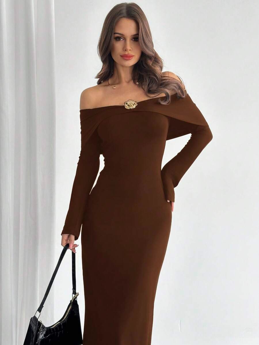 SHEIN Firerie فستان ضيق وأنيق بلون بني