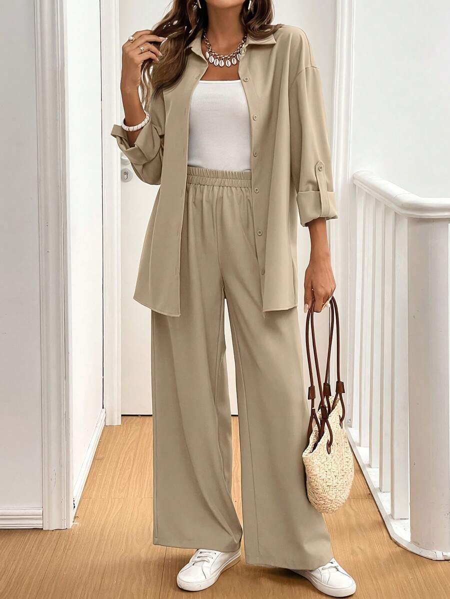 SHEIN Frenchy طقم من قطعتين، قميص بأكمام طويلة وسروال واسع لون مشمشي