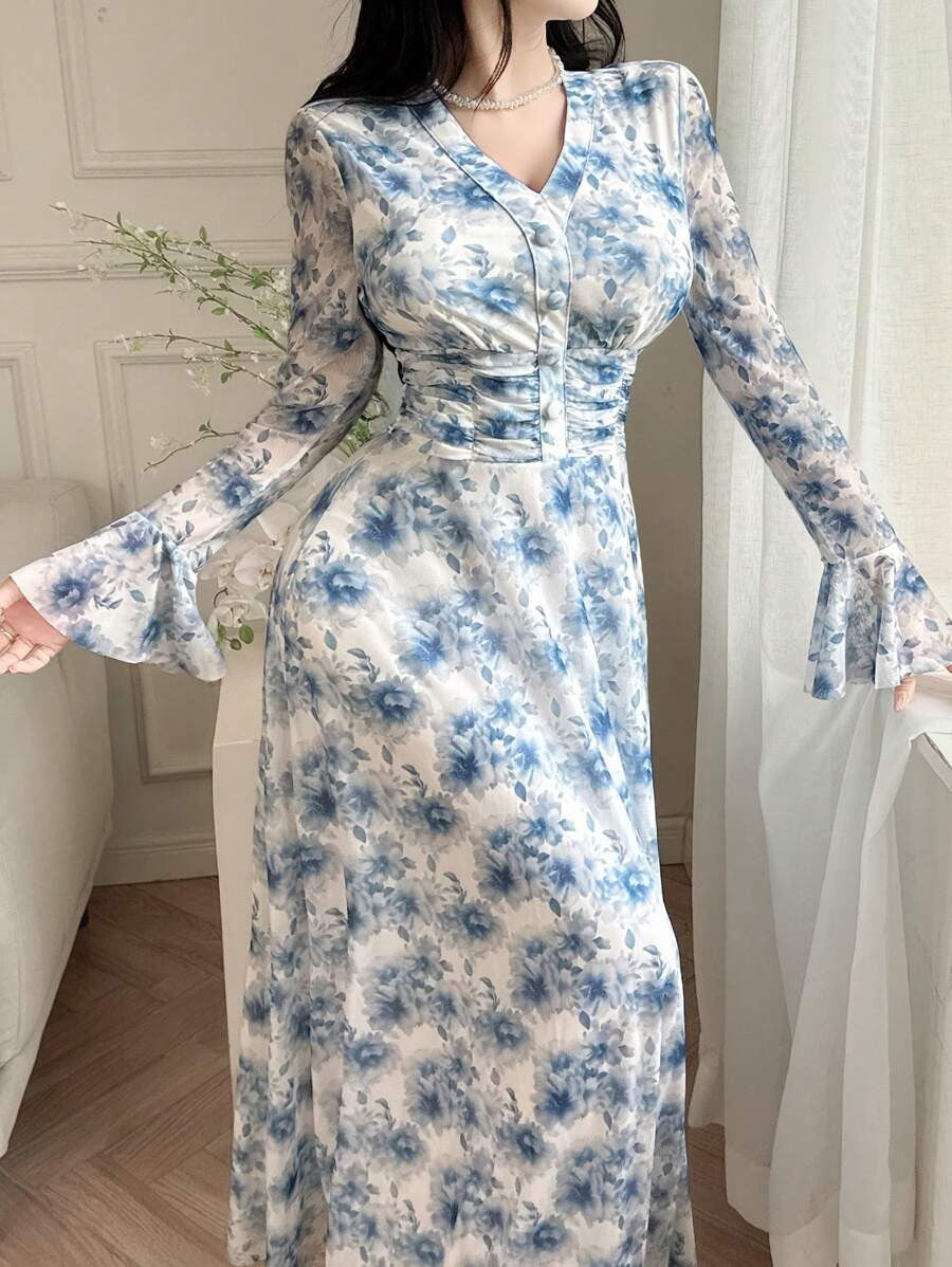 SHEIN qualityFeyla فستان طويل بنقشة زهرية وأكمام بفتحات