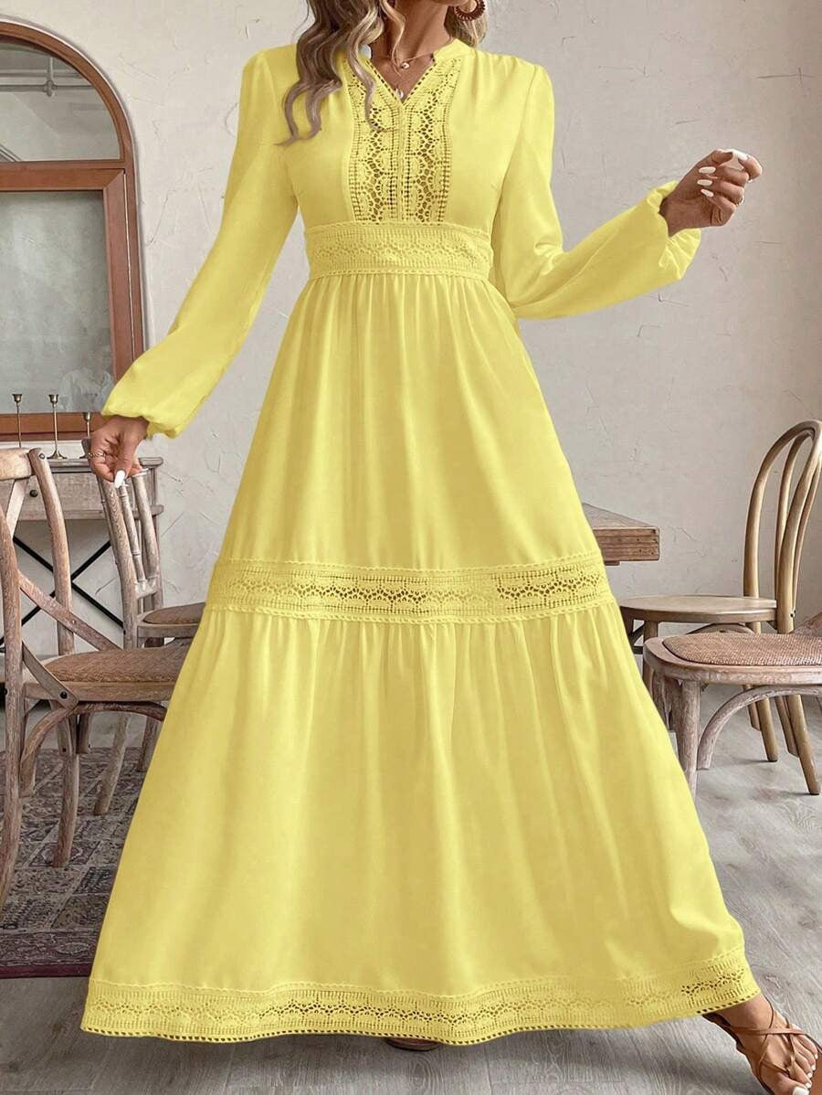 SHEIN فستان أصفر طويل بكسرات بكشكش