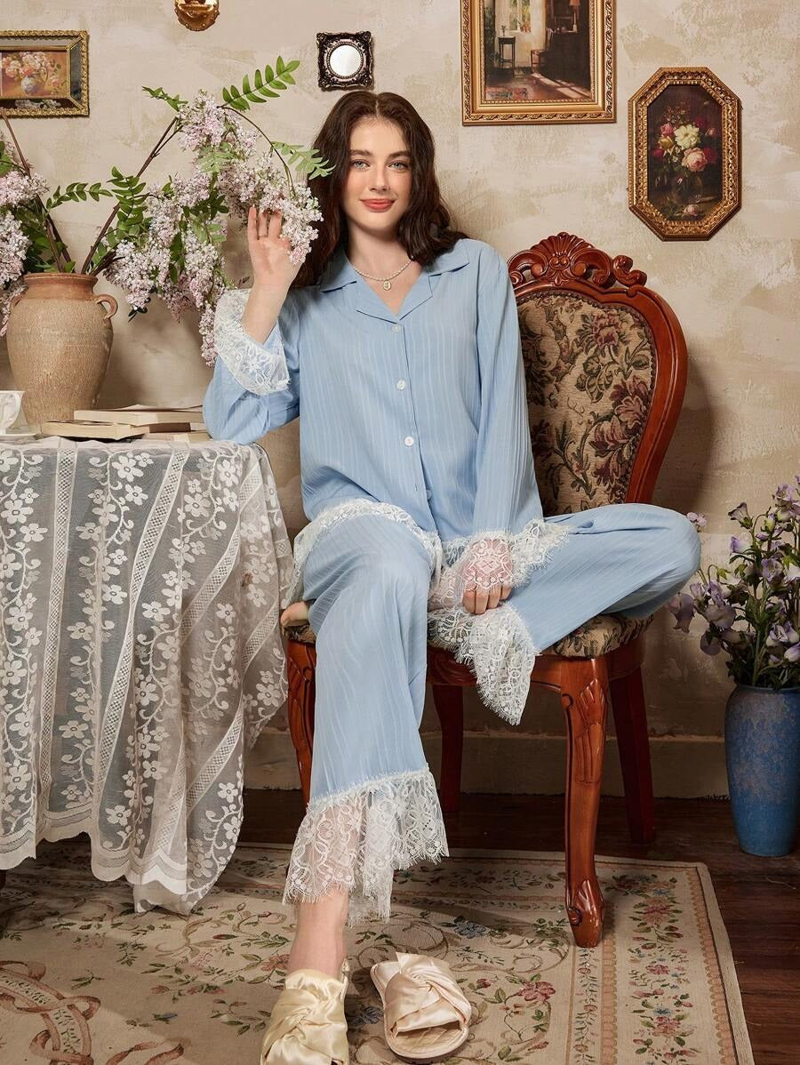 SHEIN Côtesoire طقم بيجامة دانتيل أزرق أنيق
