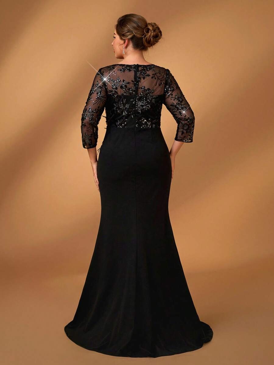 SHEIN Serin فستان سهرة أسود طويل دانتيل راقي