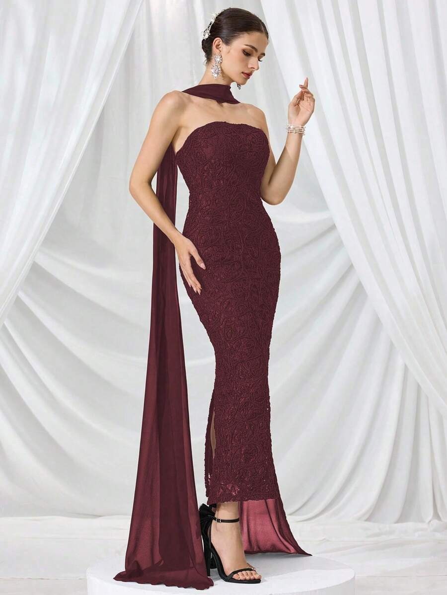 SHEIN فستان سهرة فاخر بلون عنابي