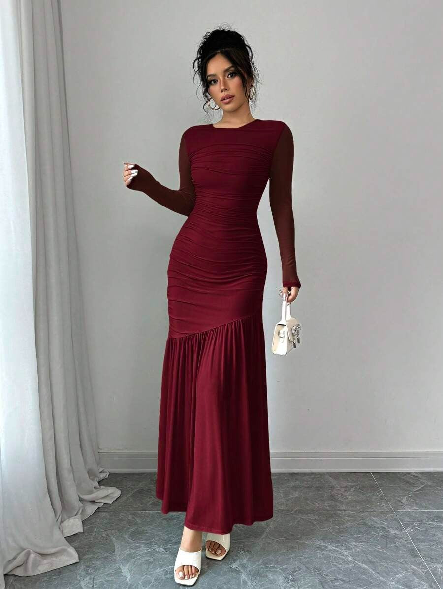 SHEIN Firerie فستان عنابي بأكمام طويلة وياقة دائرية