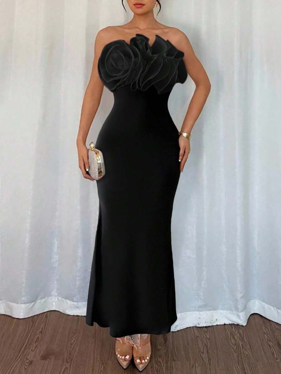 SHEIN Selianne فستان اسود طويل شيفون مزين بزهرات